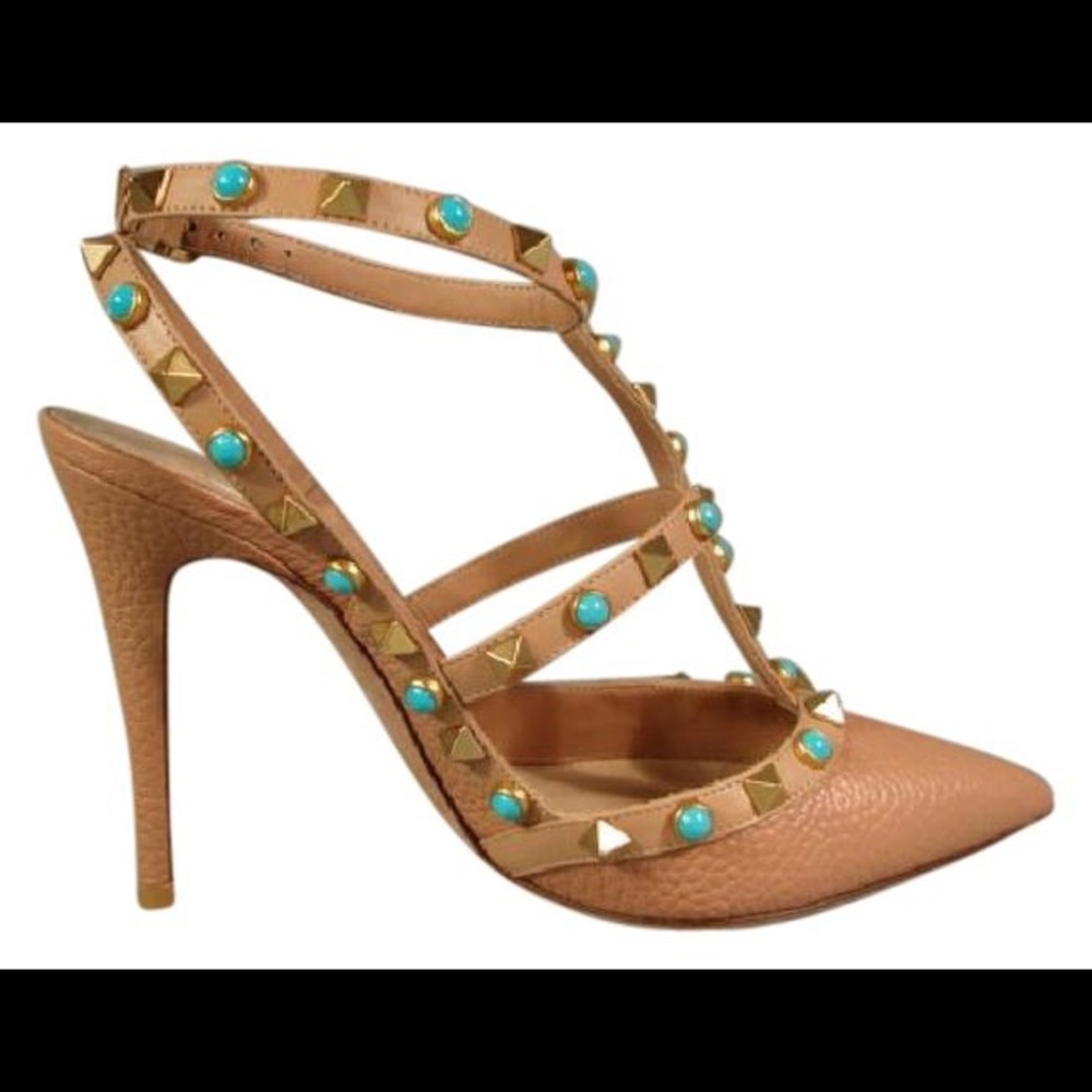 Valentino Leather Rockstud Turquoise Stone Pumps